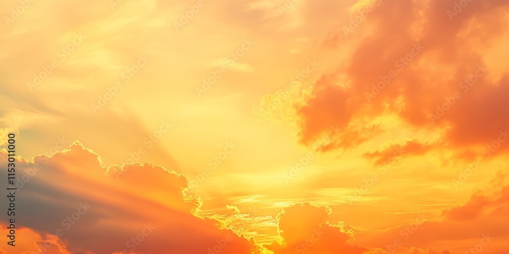 Obraz premium Vibrant orange and yellow hues fill the cloudy sky during sunrise and sunset, creating a stunning gradient. This beautiful twilight sky showcases a blend of hot and cool tones with sunbeams peeking