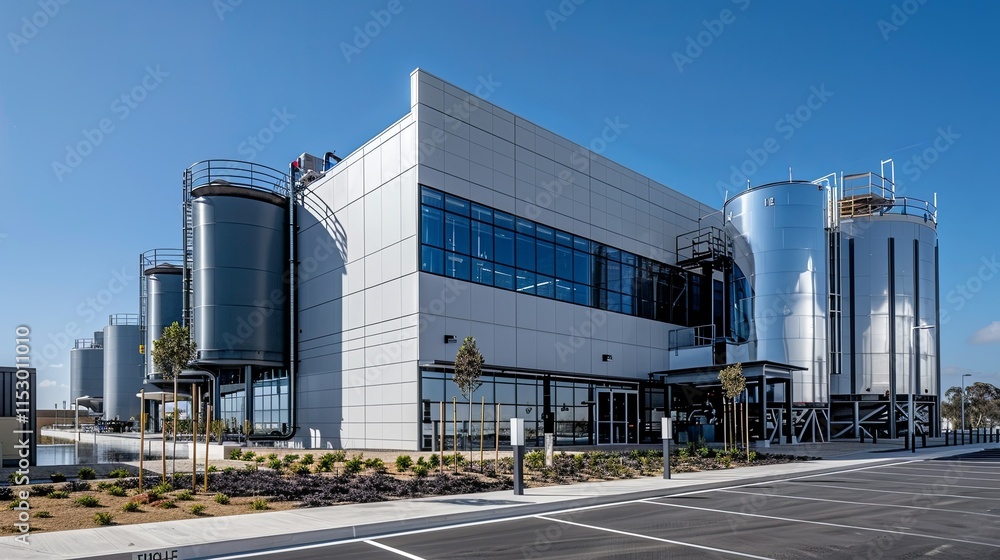 Modern Industrial Facility with Large Storage Tanks and Expansive Windows Modern Industrial Facility with Large Storage Tanks and Expansive Windows