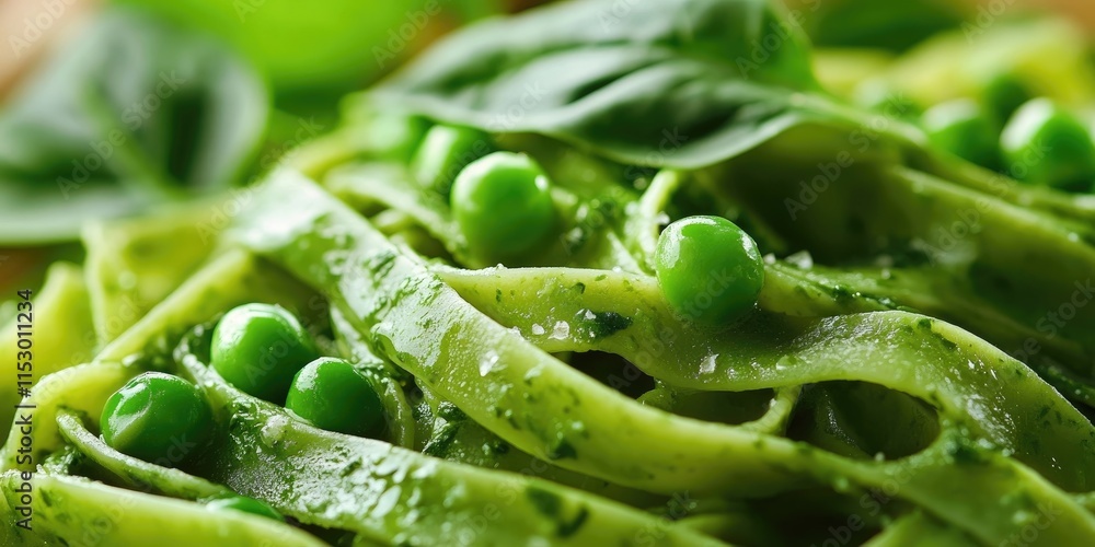Close up of a delicious Italian pasta fettuccine featuring fresh spinach and peas, showcasing the vibrant colors and textures of this spinach pasta dish. Perfect for pasta lovers Close up of a delicious Italian pasta fettuccine featuring fresh spinach and peas, showcasing the vibrant colors and textures of this spinach pasta dish. Perfect for pasta lovers