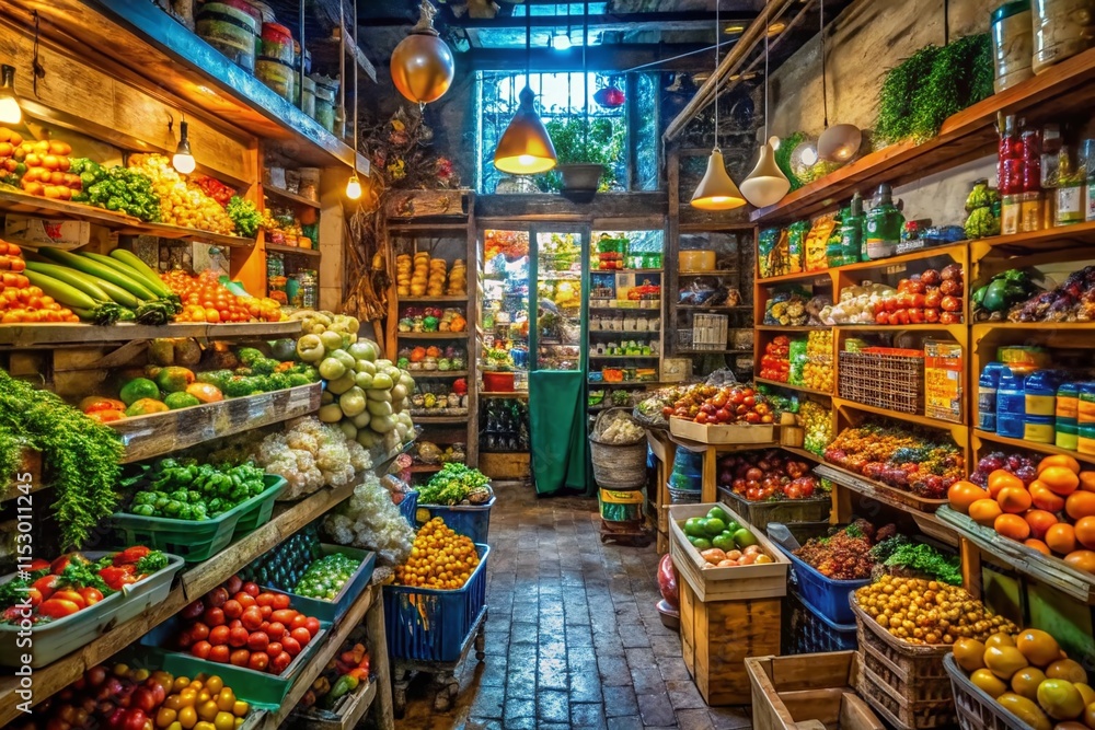 Fototapeta premium Authentic NYC Bodega Interior: Shelves, Produce, and City Life