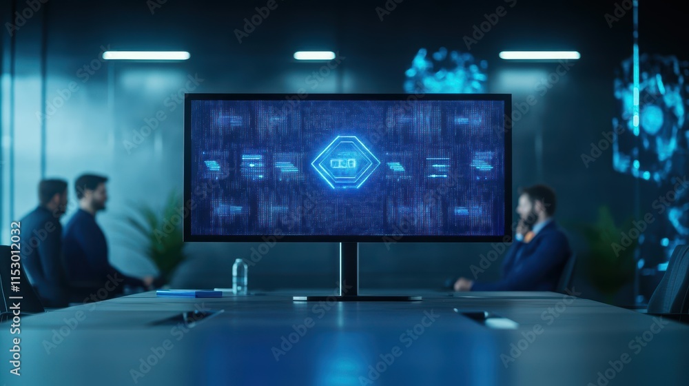 Modern conference room with an LED screen, team members engaged in a remote video call, hybrid meeting concept Modern conference room with an LED screen, team members engaged in a remote video call, hybrid meeting concept