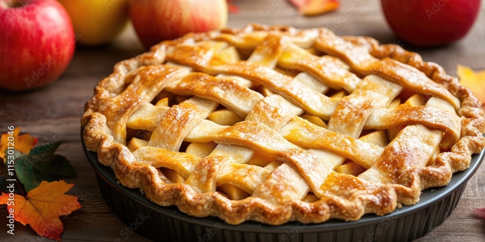 Close up view of a delicious pie featuring fresh ripe apples, perfect for autumn. This homemade pie showcases the best of DIY baked goods and highlights the beauty of seasonal flavors. Close up view of a delicious pie featuring fresh ripe apples, perfect for autumn. This homemade pie showcases the best of DIY baked goods and highlights the beauty of seasonal flavors.
