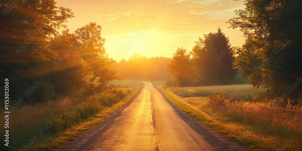 Obraz premium Serene country road welcomes a beautiful morning sunrise, creating a picturesque landscape. Experience the charm of a country road as the beautiful morning sunrise illuminates the scene.