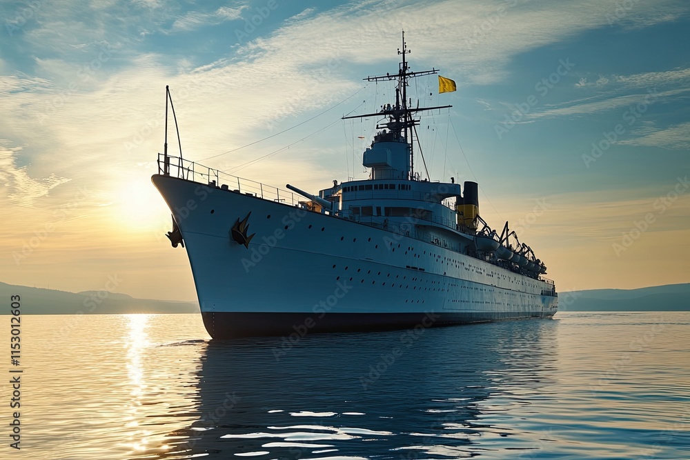 Obraz premium A majestic ship sailing at sunset on calm waters.