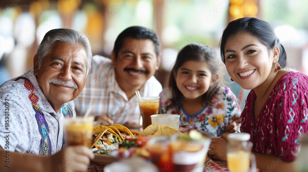 Obraz premium Smiling family enjoying traditional Mexican food together