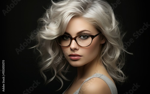 Wallpaper Mural Stunning Portrait of a Beautiful Woman with Curly Blonde Hair and Chic Glasses Set Against a Dark Background Emphasizing Her Striking Features and Sophisticated Style Torontodigital.ca