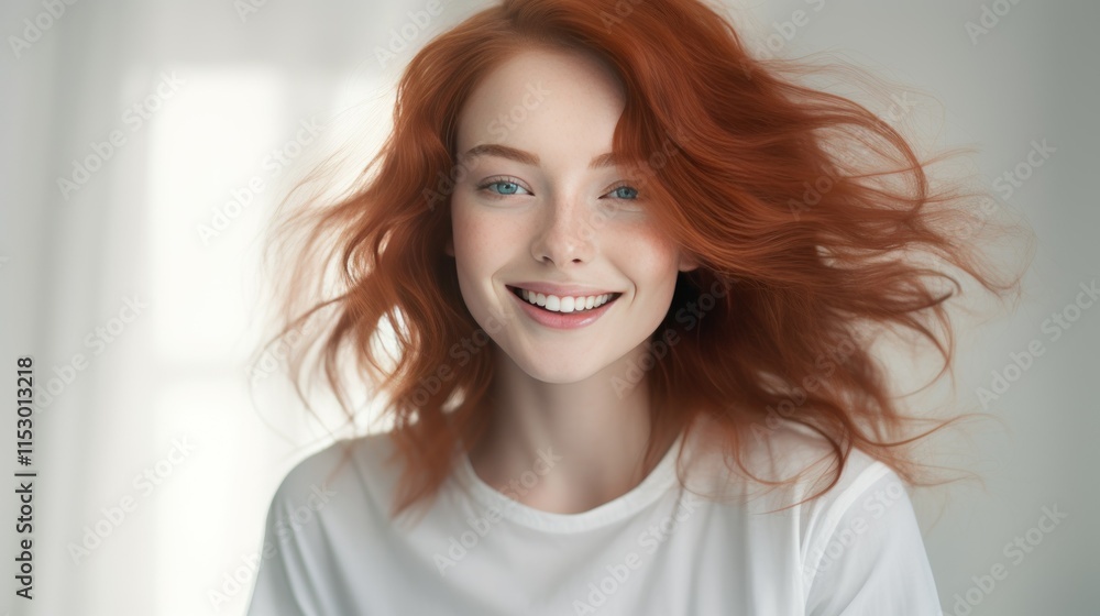 Young Woman with Fiery Red Hair Smiling Joyfully in Soft Natural Light, Embracing Happiness and Confidence in a Bright Atmosphere Young Woman with Fiery Red Hair Smiling Joyfully in Soft Natural Light, Embracing Happiness and Confidence in a Bright Atmosphere