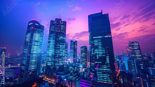 Tokyo's illuminated skyscrapers at twilight, vibrant purple and blue hues.