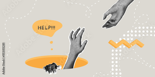Fashionable halftone collage. The concept of success, life stability, a request for help, a helping hand that helps to overcome adversity. The hand pulls out of the pit of failures. A trendy retro