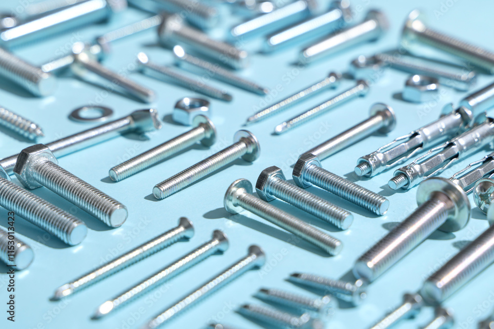 Arrangement of different tap bolts and chrome nuts on blue background, closeup Arrangement of different tap bolts and chrome nuts on blue background, closeup