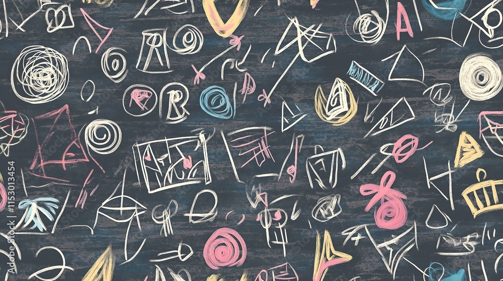 A vibrant array of hand-drawn doodles covers a dark chalkboard. Letters, numbers, geometric shapes, and abstract symbols are interspersed in a playful and chaotic pattern, creating a sense of creative A vibrant array of hand-drawn doodles covers a dark chalkboard. Letters, numbers, geometric shapes, and abstract symbols are interspersed in a playful and chaotic pattern, creating a sense of creative