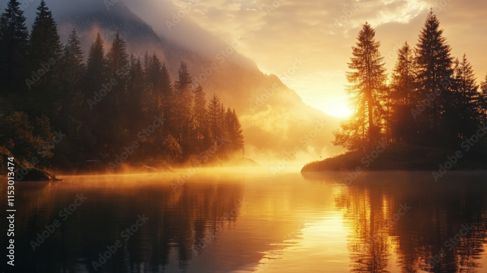 Obraz premium Sunrise over a lake in a forest with fog and mountains