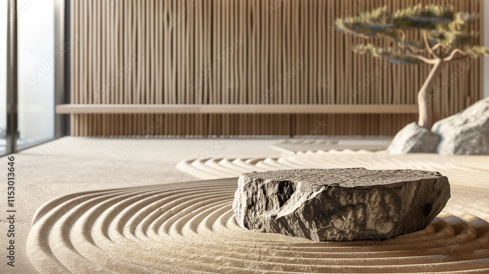 Obraz premium Zen garden stone podium with raked sand patterns