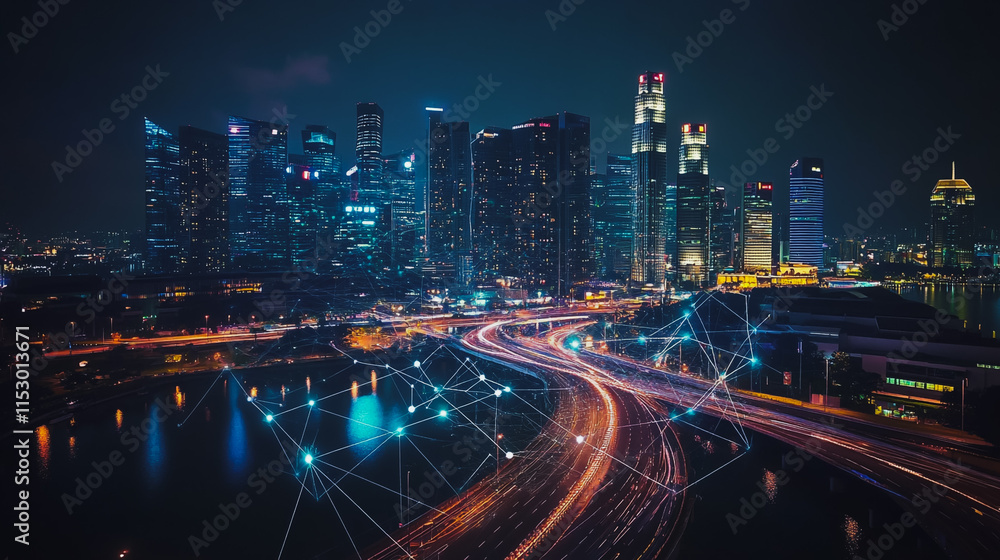 Obraz premium Smart digital city with connection cyber security network reciprocity over the cityscape . future smart wireless digital city and social media networking systems that connects people within the city