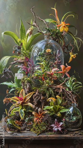 Intricate Still Life of Rare Botanical Specimens with Glass Terrarium