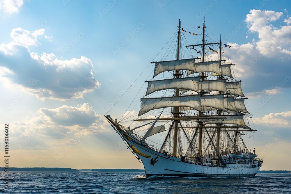 Fototapeta premium A majestic tall ship sailing on a calm sea under clouds.