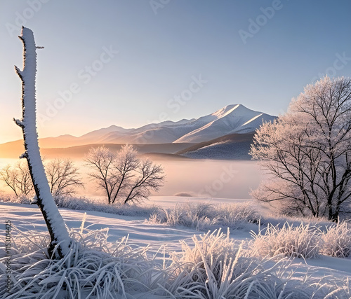 Winter panorama landscape with a snow-covered forest and trees at sunrise. A winter morning marking the beginning of a new day. Winter landscape with sunset, panoramic view.