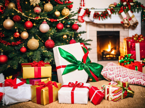 暖炉とクリスマスツリーと沢山のプレゼント