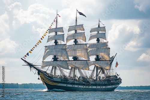 A majestic tall ship sailing on calm waters. photo