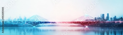 Watercolor of a futuristic bridge made of glowing networks, linking two fantastical cities over calm waters #1153015444