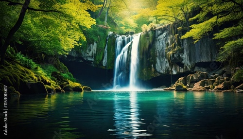 Serene Waterfall in Lush Green Forest - Nature photography/Nature e.