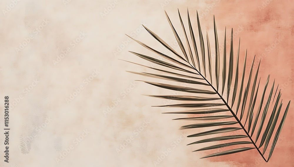 Obraz premium Single palm frond on a peach and beige watercolor background.