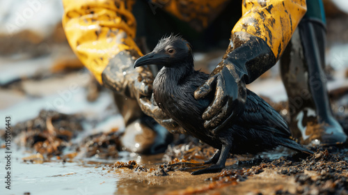 Volunteer cleans oil-soaked bird on the beach while wearing gloves amidst a cleanup effort photo