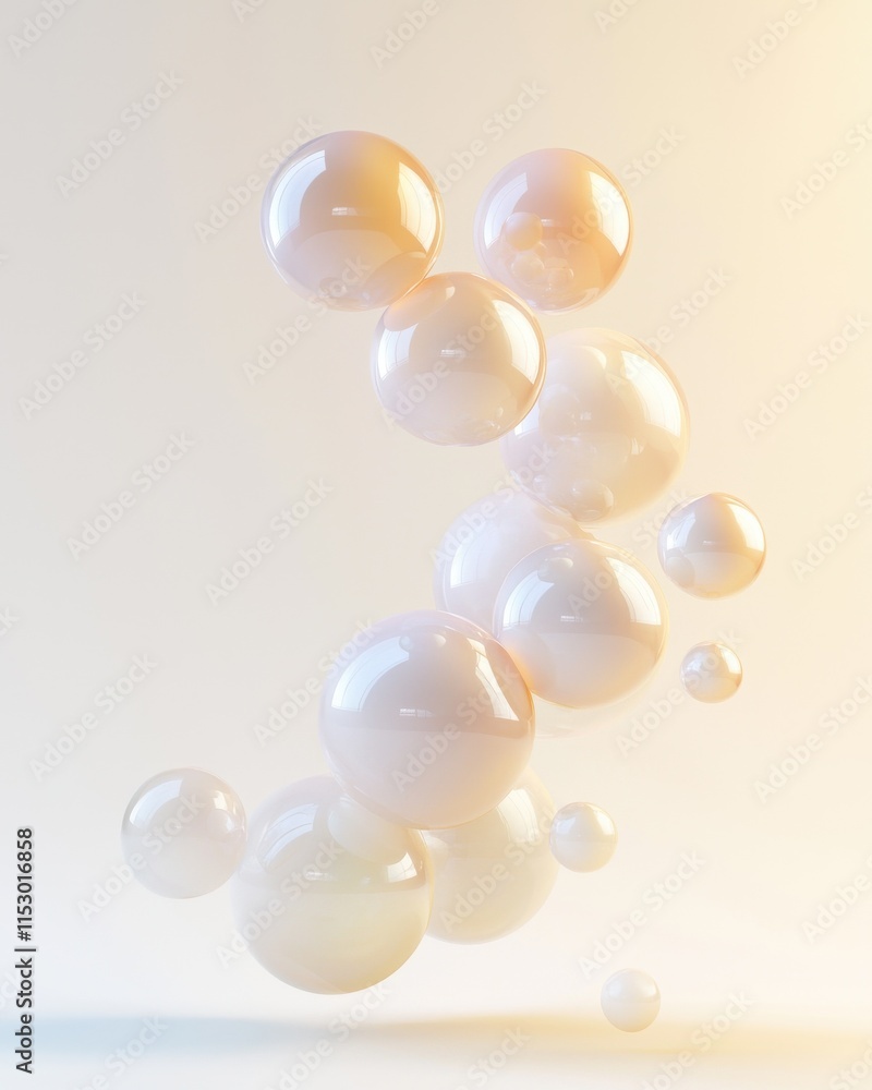 Fototapeta premium Floating translucent orbs ascending in bright space abstract art minimalist design