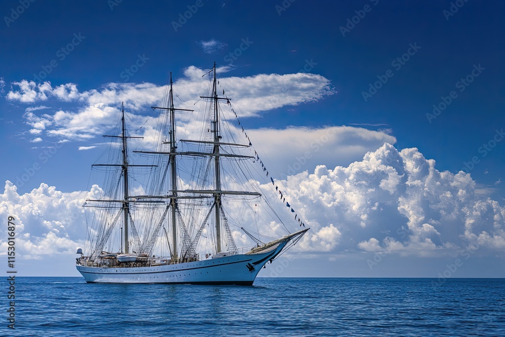 Fototapeta premium A majestic tall ship sailing on calm waters under clouds.