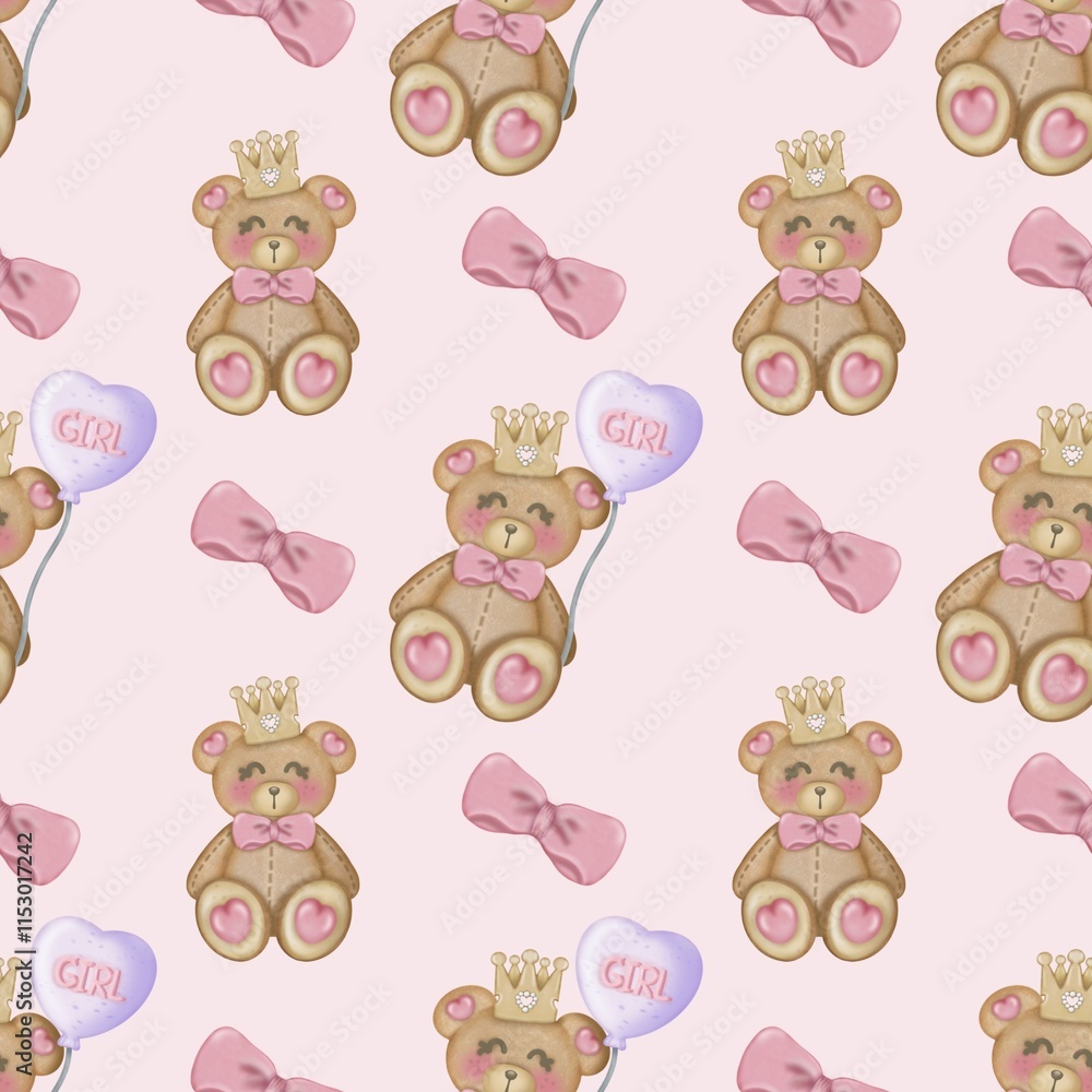 Baby girl cute bear seamless pattern hand drawn on pink color background, Children's design. Ideal for children's textiles. Baby girl cute bear seamless pattern hand drawn on pink color background, Children's design. Ideal for children's textiles.