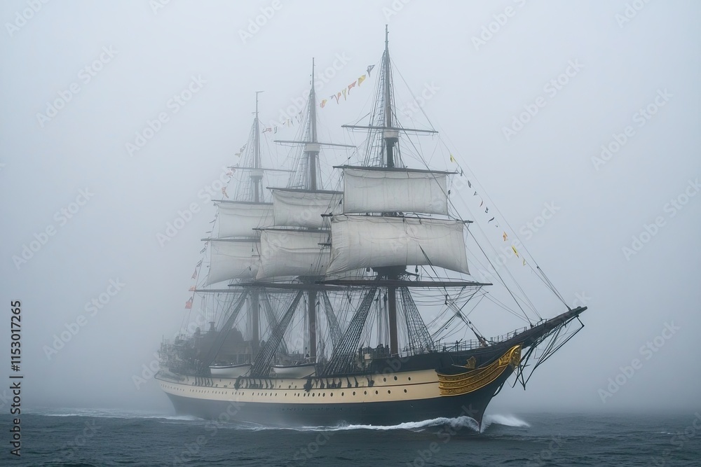 Obraz premium A majestic tall ship sailing through foggy waters.