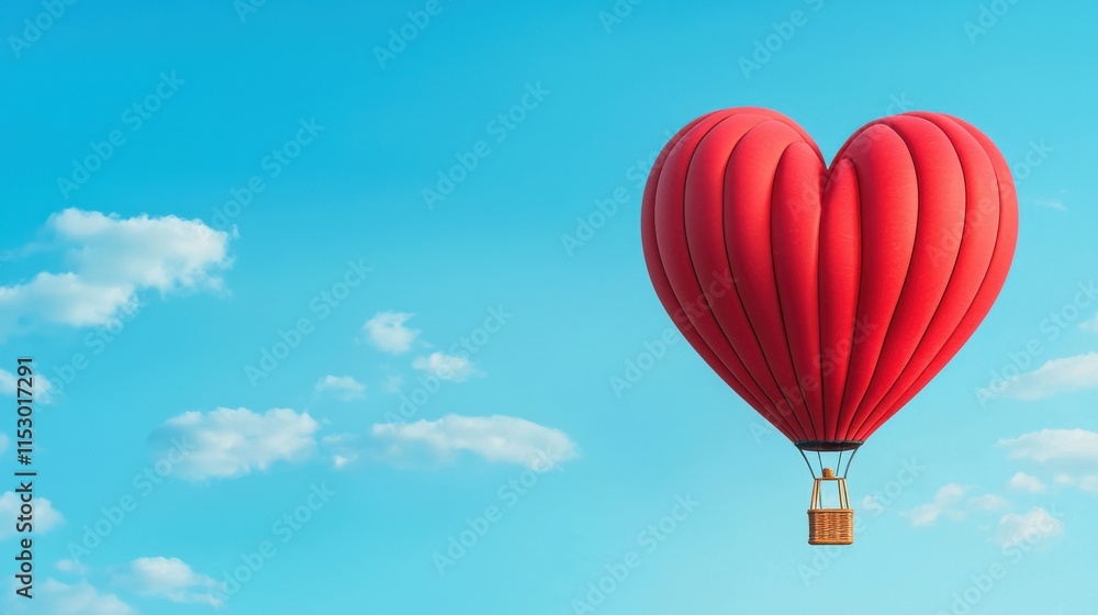 Fototapeta premium Red Heart shaped Hot Air Balloon Floating Serenely in Bright Blue Sky with Clouds