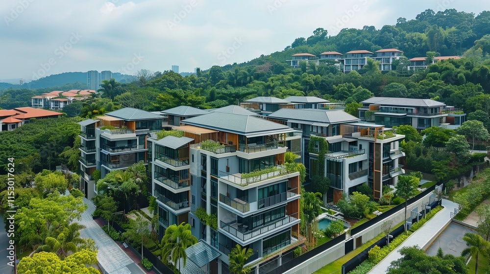 Fototapeta premium Luxurious Modern Apartment Complex Nestled in a Lush Green Hillside Setting