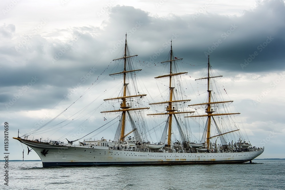 A majestic tall ship sailing under cloudy skies. A majestic tall ship sailing under cloudy skies.