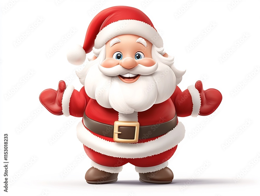 Friendly Cartoon Inspired Santa Claus in Playful Holiday Costume on Plain White Background Friendly Cartoon Inspired Santa Claus in Playful Holiday Costume on Plain White Background
