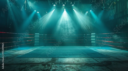 Empty Boxing Ring Under Stage Lights, Moody Atmosphere photo