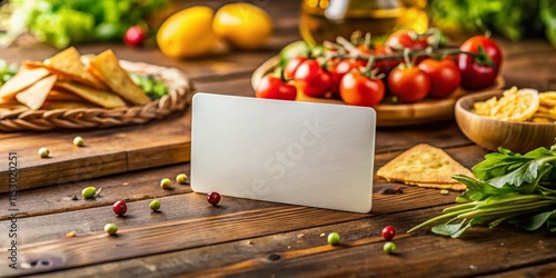 Blank White Chip Credit Card Mockup with Delicious Gourmet Food photo