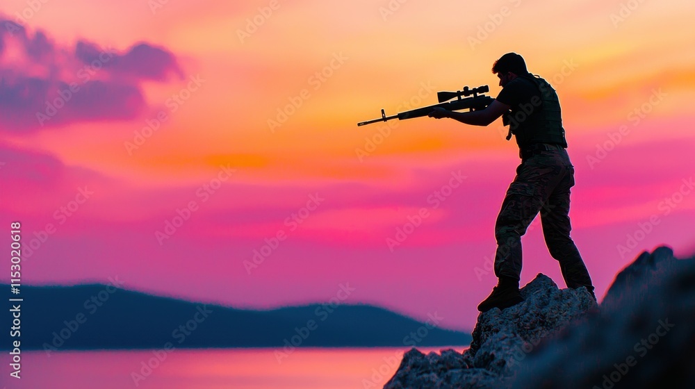 Silhouette of Soldier with Rifle Overlooking Dramatic Sunset Mountainscape Silhouette of Soldier with Rifle Overlooking Dramatic Sunset Mountainscape