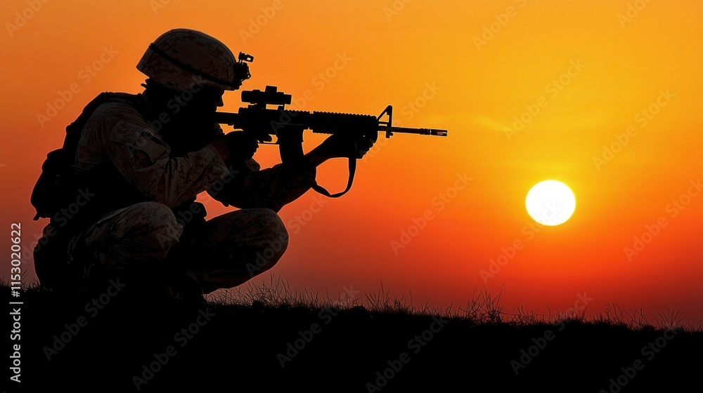 Silhouette of a Soldier Holding a Rifle at Sunset During a Combat Mission Silhouette of a Soldier Holding a Rifle at Sunset During a Combat Mission