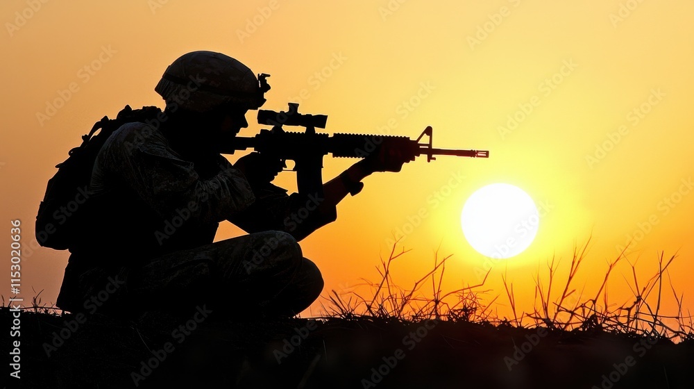 Silhouetted Soldier with Weapon Aiming at Sunset Horizon Silhouetted Soldier with Weapon Aiming at Sunset Horizon