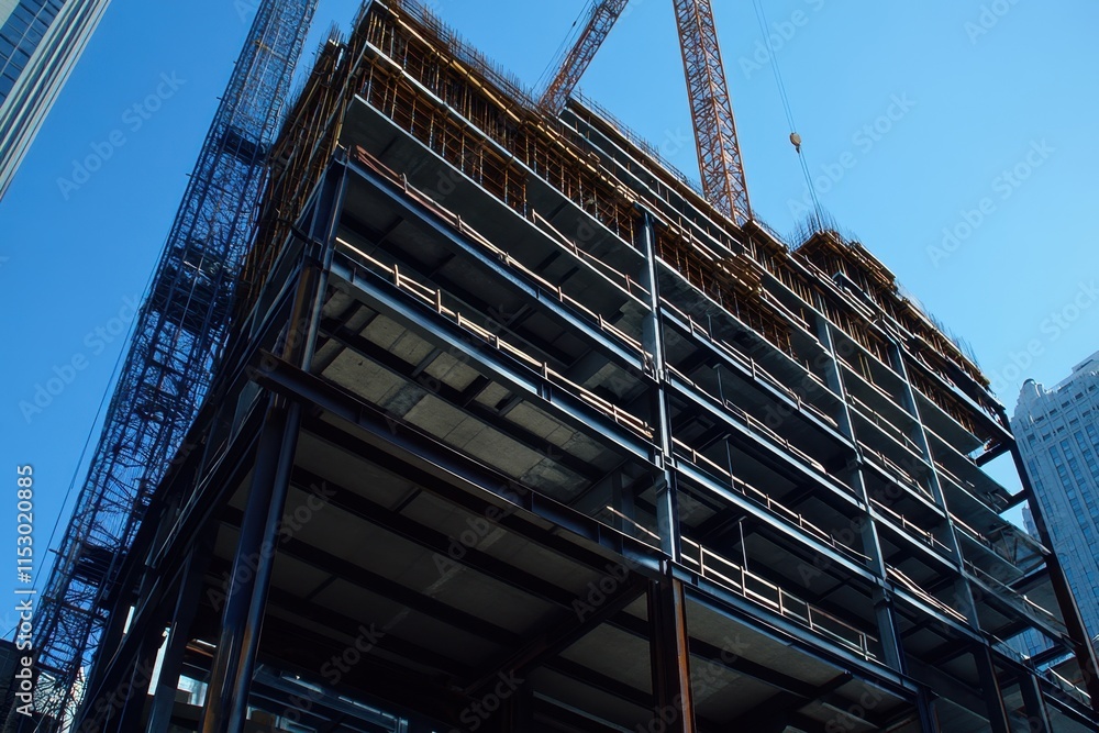Construction progress of steel beams and girders framework in urban development cityscape structural engineering clear sky upward angle modern architecture Construction progress of steel beams and girders framework in urban development cityscape structural engineering clear sky upward angle modern architecture