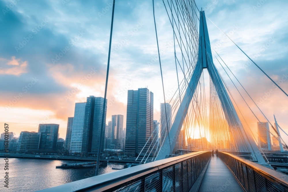 Dynamic steel cables stretching across a majestic suspension bridge in an urban skyline during sunset capturing architectural grandeur and modern engineering marvels Dynamic steel cables stretching across a majestic suspension bridge in an urban skyline during sunset capturing architectural grandeur and modern engineering marvels