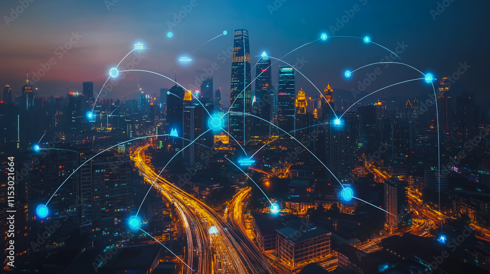 Fototapeta premium Smart digital city with connection cyber security network reciprocity over the cityscape . future smart wireless digital city and social media networking systems that connects people within the city