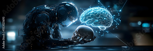 Cybernetic Being Studies a Skull;  Digital Brain Hologram Illuminates Future of AI and Consciousness.