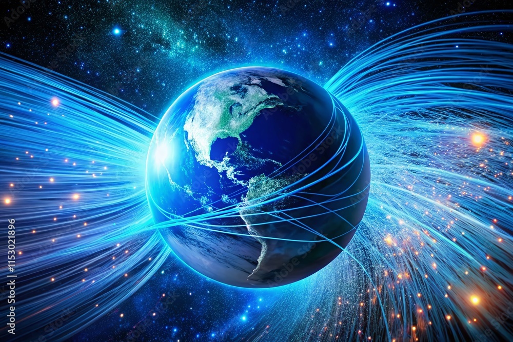 Blue Planet Encircled by Glowing Fiber Optics - Long Exposure Night Photography Blue Planet Encircled by Glowing Fiber Optics - Long Exposure Night Photography