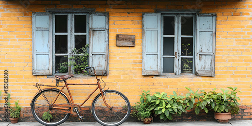Rustic Vintage Bicycle Leaned Against Yellow Brick Wall with Weathered Blue Shutters