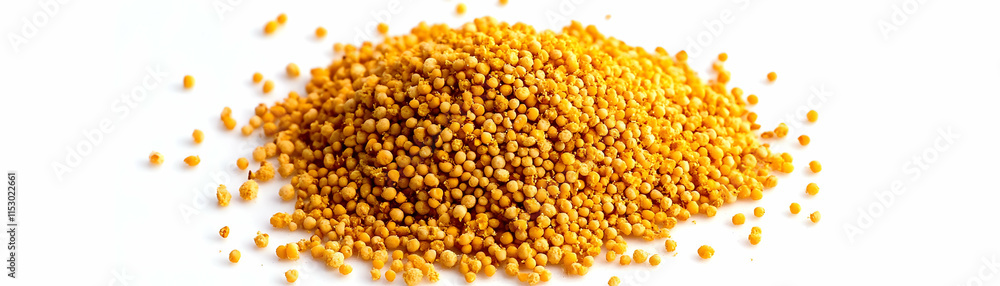 Golden Yellow Mustard Seeds, A Detailed Close-Up View of a Pile of Mustard Seeds on White Background Golden Yellow Mustard Seeds, A Detailed Close-Up View of a Pile of Mustard Seeds on White Background