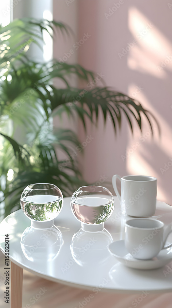 Glass Bowls of Water on Table, Sunlight Through Plants, Calm Minimalist Home Decor Scene Glass Bowls of Water on Table, Sunlight Through Plants, Calm Minimalist Home Decor Scene