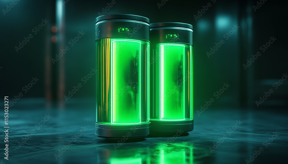 Futuristic glowing green energy storage, high capacity lithiumion battery with neon glow, advanced rechargeable technology, sleek modern design Futuristic glowing green energy storage, high capacity lithiumion battery with neon glow, advanced rechargeable technology, sleek modern design