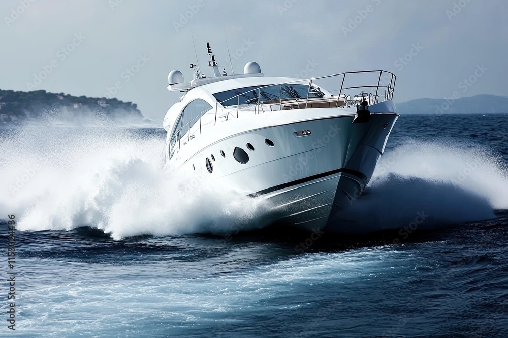 A sleek motorboat navigating through ocean waves. A sleek motorboat navigating through ocean waves.